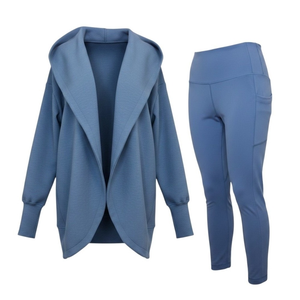 Yogalicious 2 Piece Set Blue Scuba Cardigan Lux Tribeca Crop Tight Small Yoga